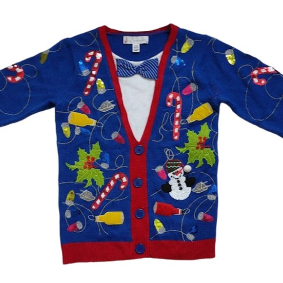 Jolly Sweater Sweaters - Jolly Sweater Christmas Sweater Faux Cardigan with Bowtie Candy Canes Snowman